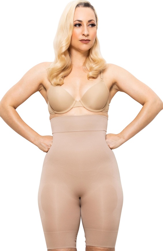 Коригуючі шорти з високою талією до коліна Farmacell Bodyshaper пудрові S 603 фото